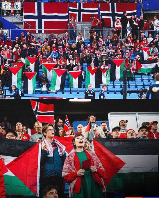 رفع الاعلام الفلسطينية خلال مباراة النرويج واسرائيل